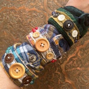 Handmade upcycled tattered lace button & bead stackable flannel wrap bracelets